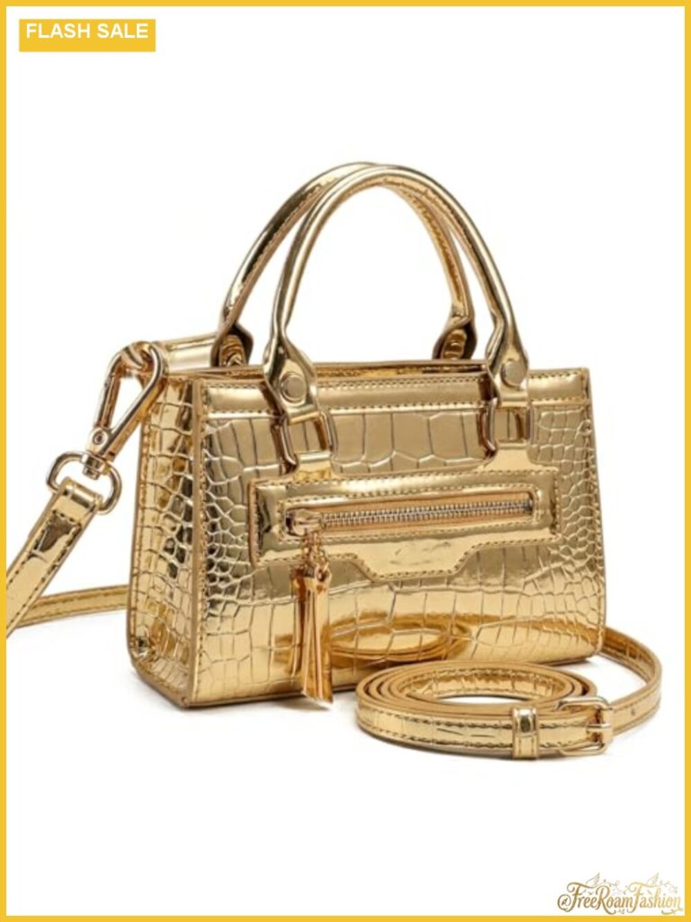 Metallic Croc-Embossed Faux Leather Mini Crossbody Purse with Detachable Chain